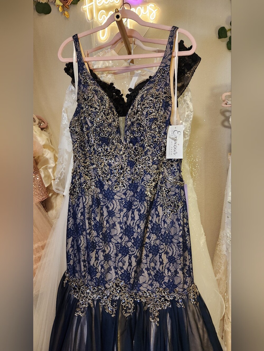 NWT Envious Couture Size 14 Navy Prom Dress Lace Chiffon Mermaid - Picture 4 of 9